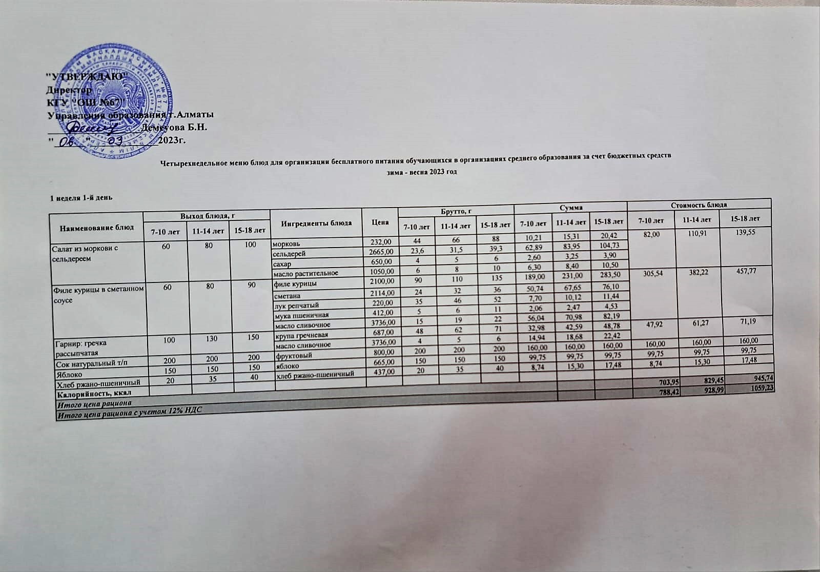 Ас мәзірі. 06.03.2023ж. 1-апта, 1-күн