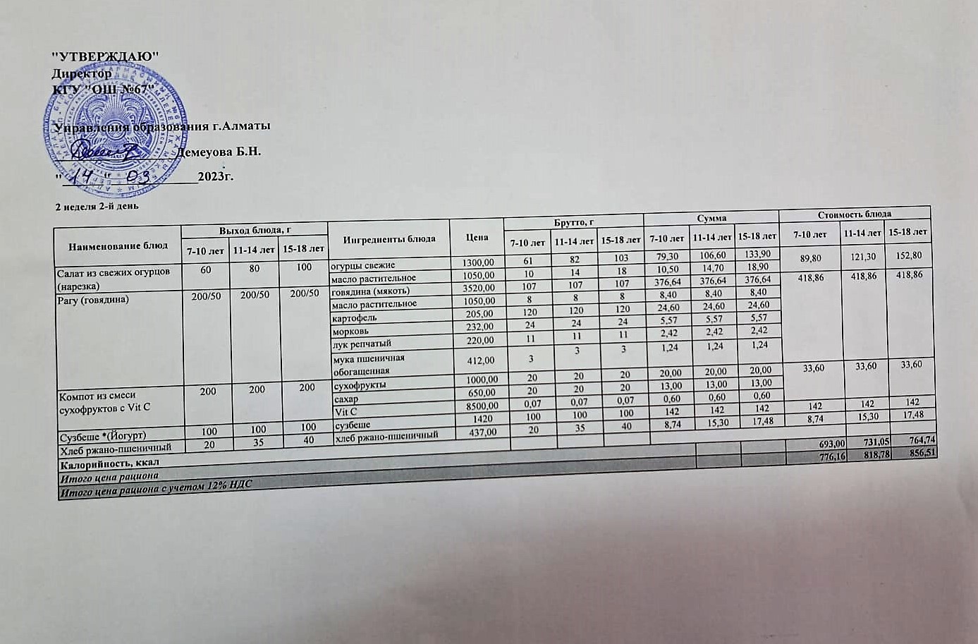 Ас мәзірі. 14.03.2023ж. 2-апта, 2-күн