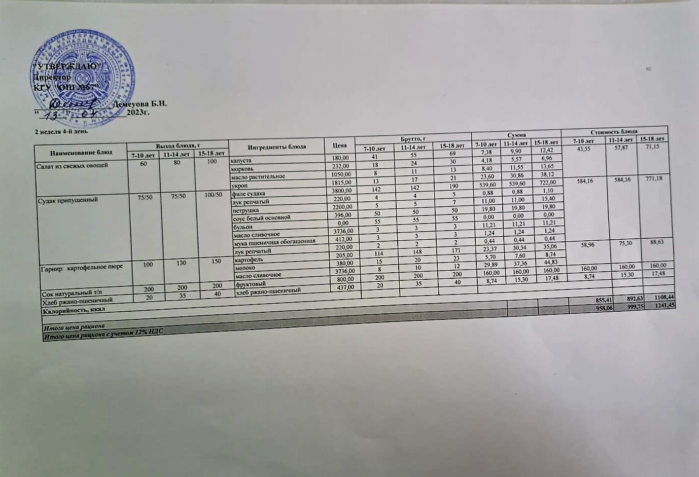 Ас мәзірі. 13.04.2023ж. 2-апта, 4-күн