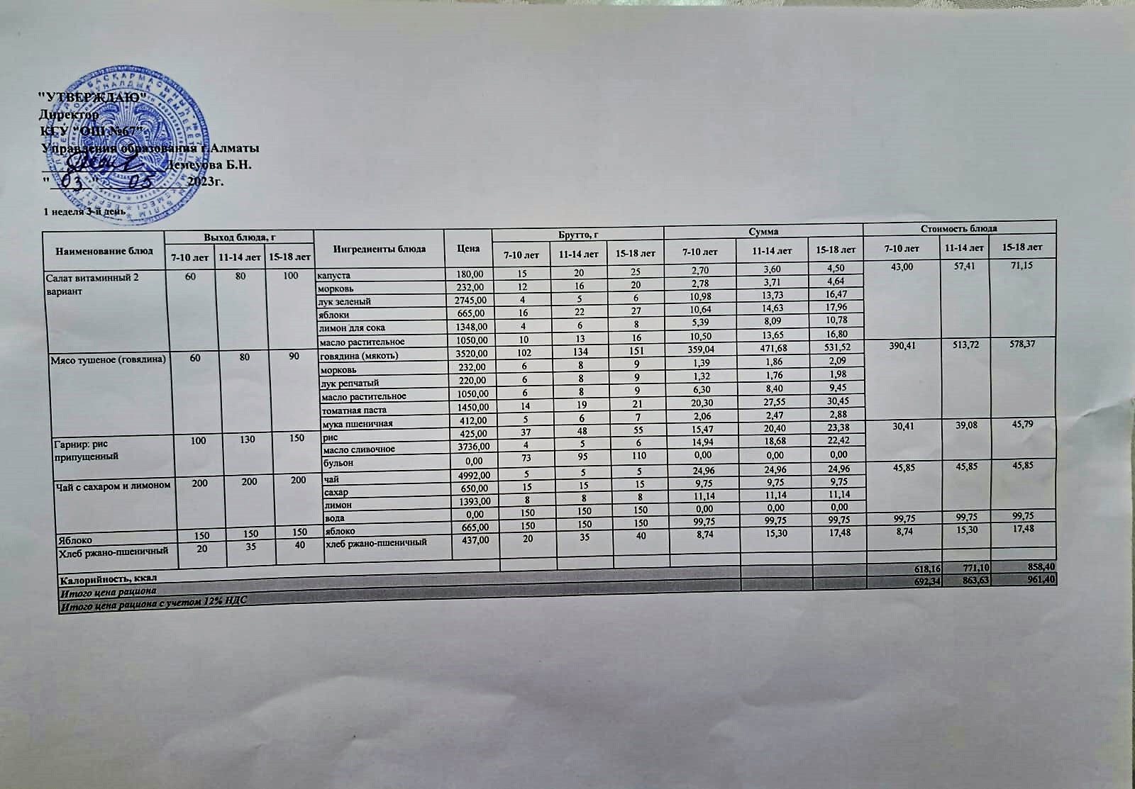 Ас мәзірі. 03.05.2023ж. 1-апта, 3-күн