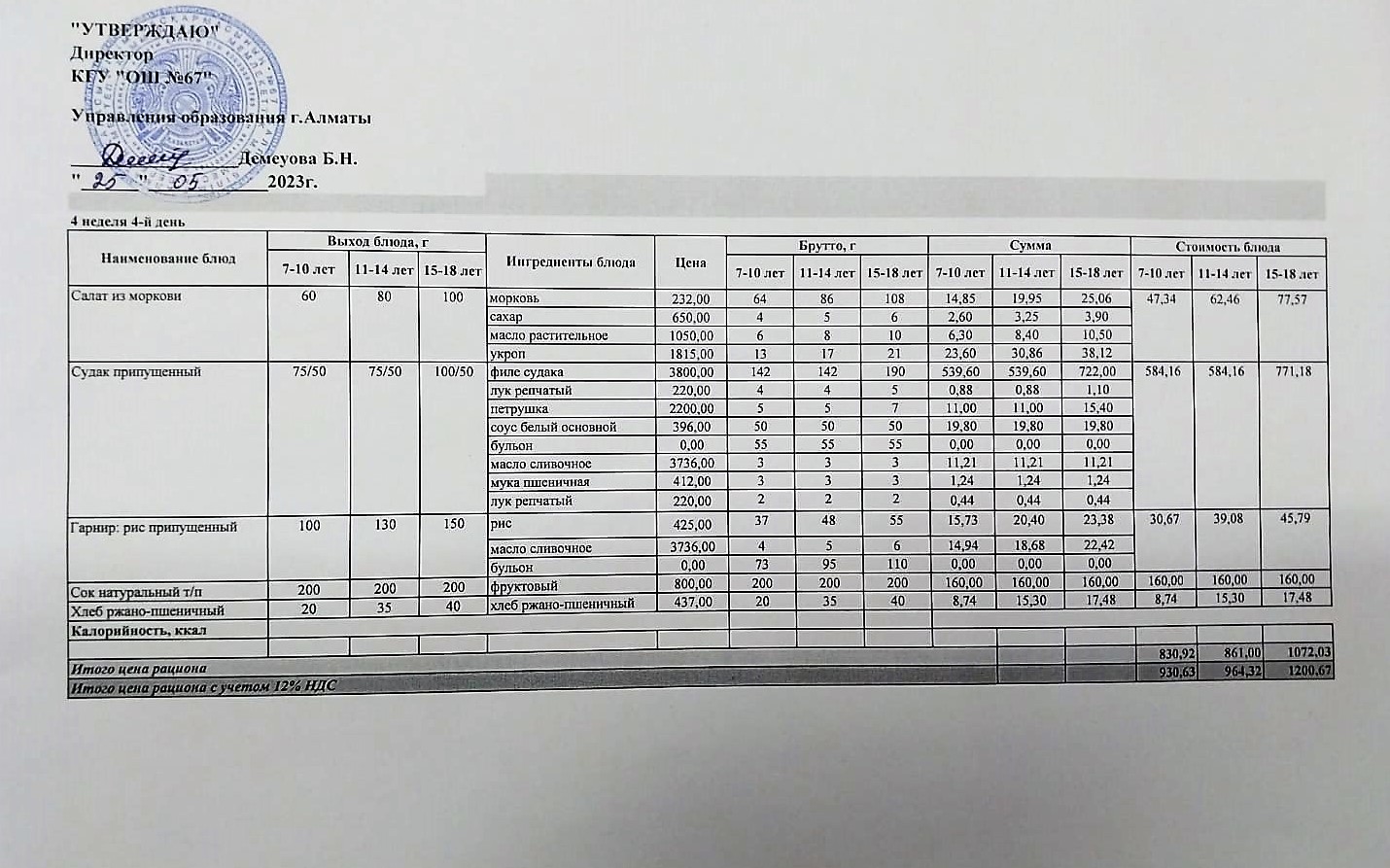 Ас мәзірі. 25.05.2023ж, 4-апта, 4-күн
