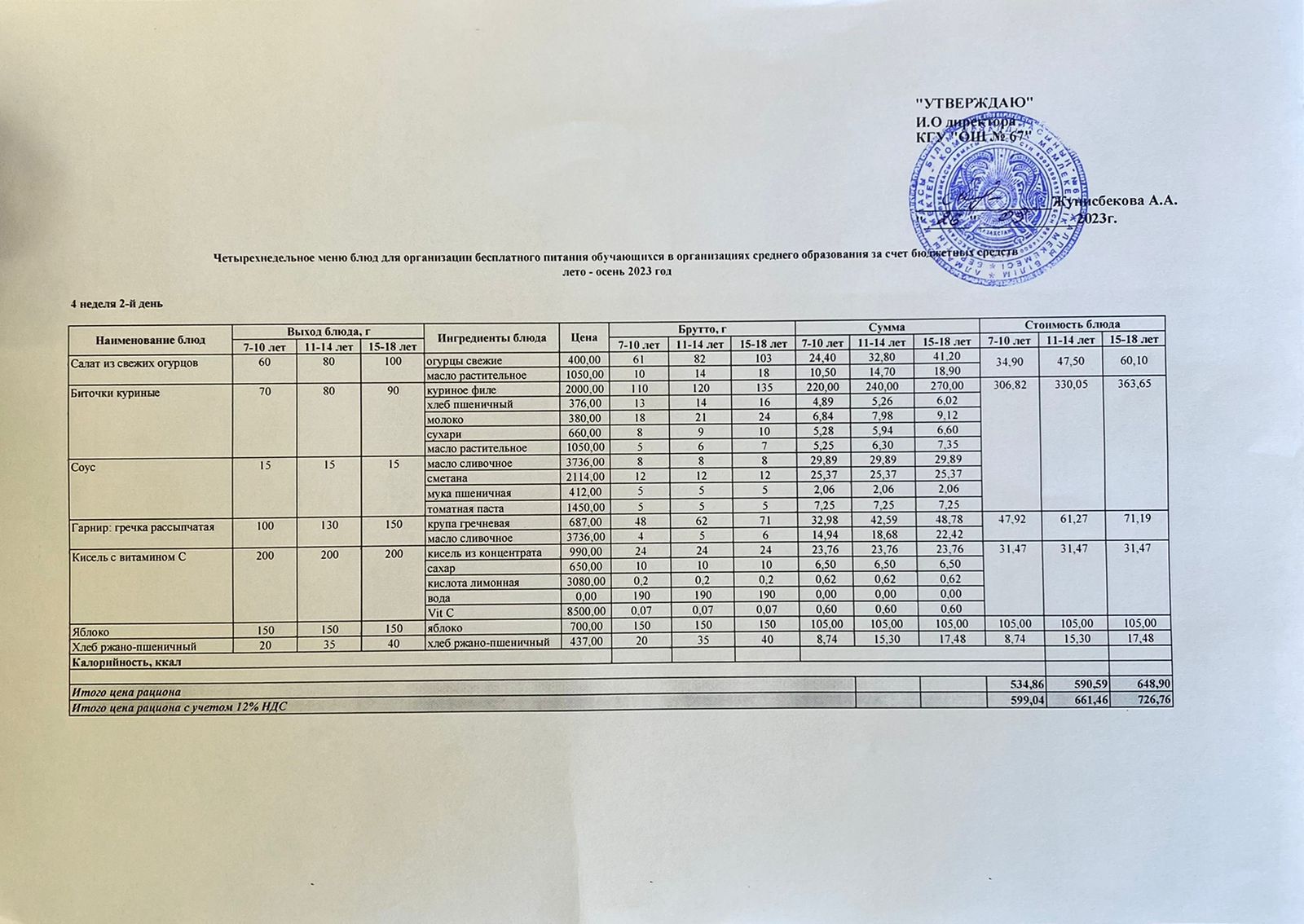 Ас мәзірі. 26.06.2023 ж. 4-апта, 2-күн.