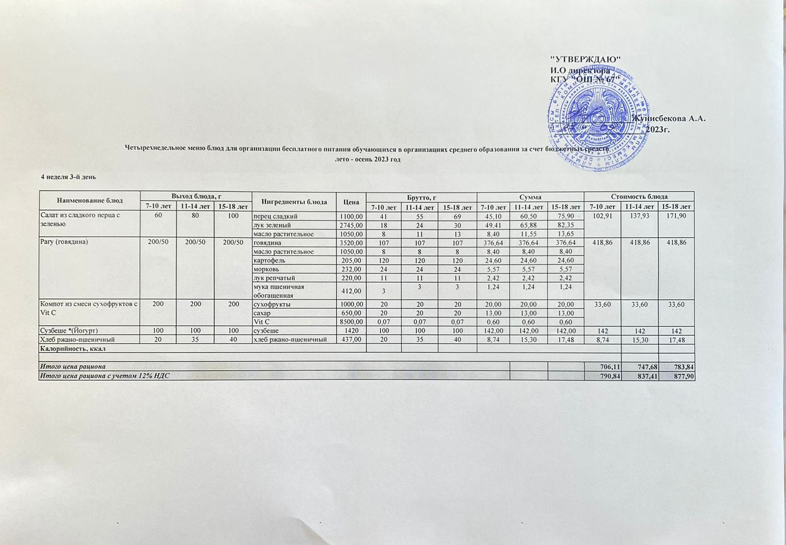 Ас мәзірі. 27.09.2023 ж. 4-апта, 3-күн.