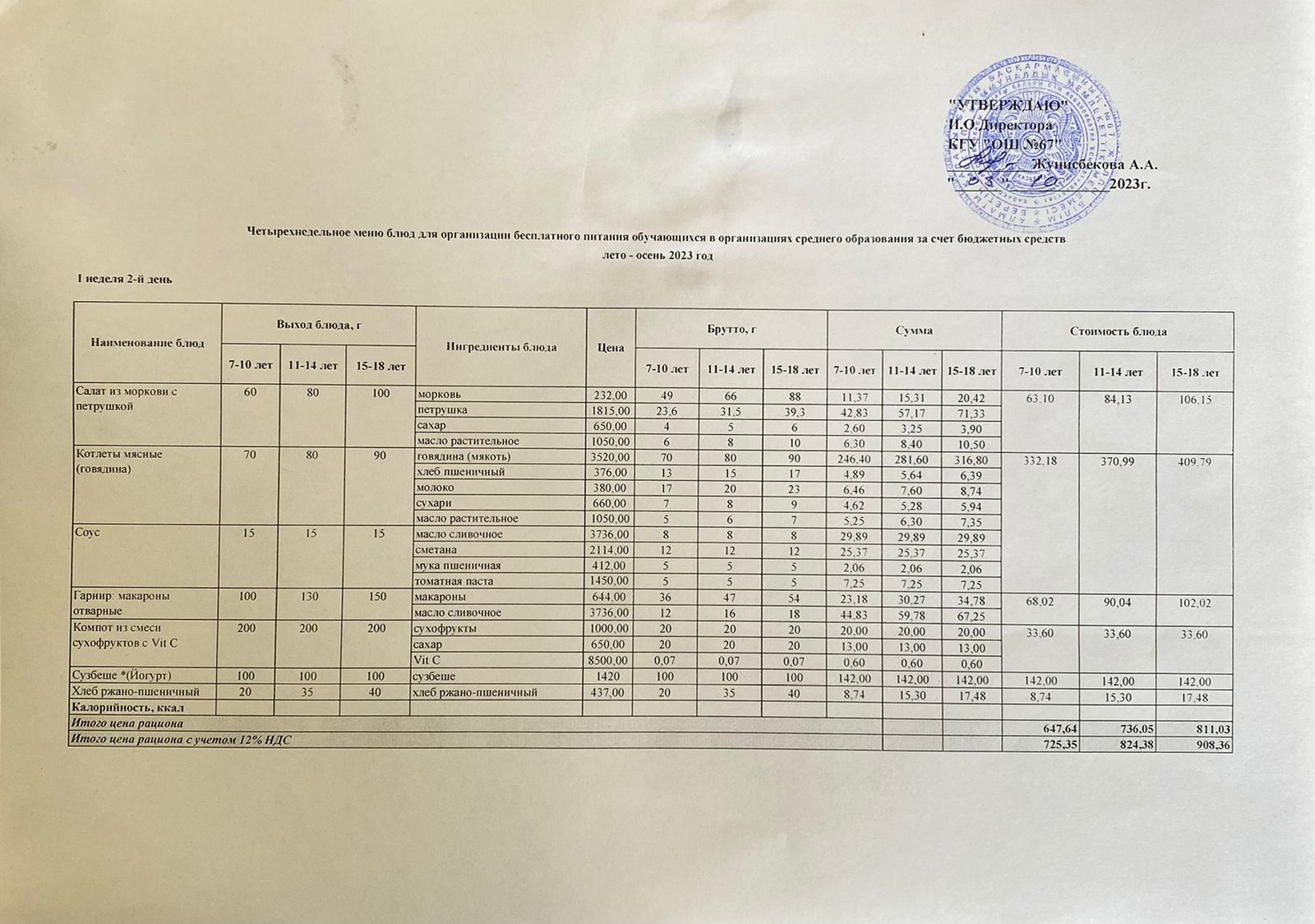 Ас мәзірі. 03.10.2023ж. 1-апта, 2-күн.