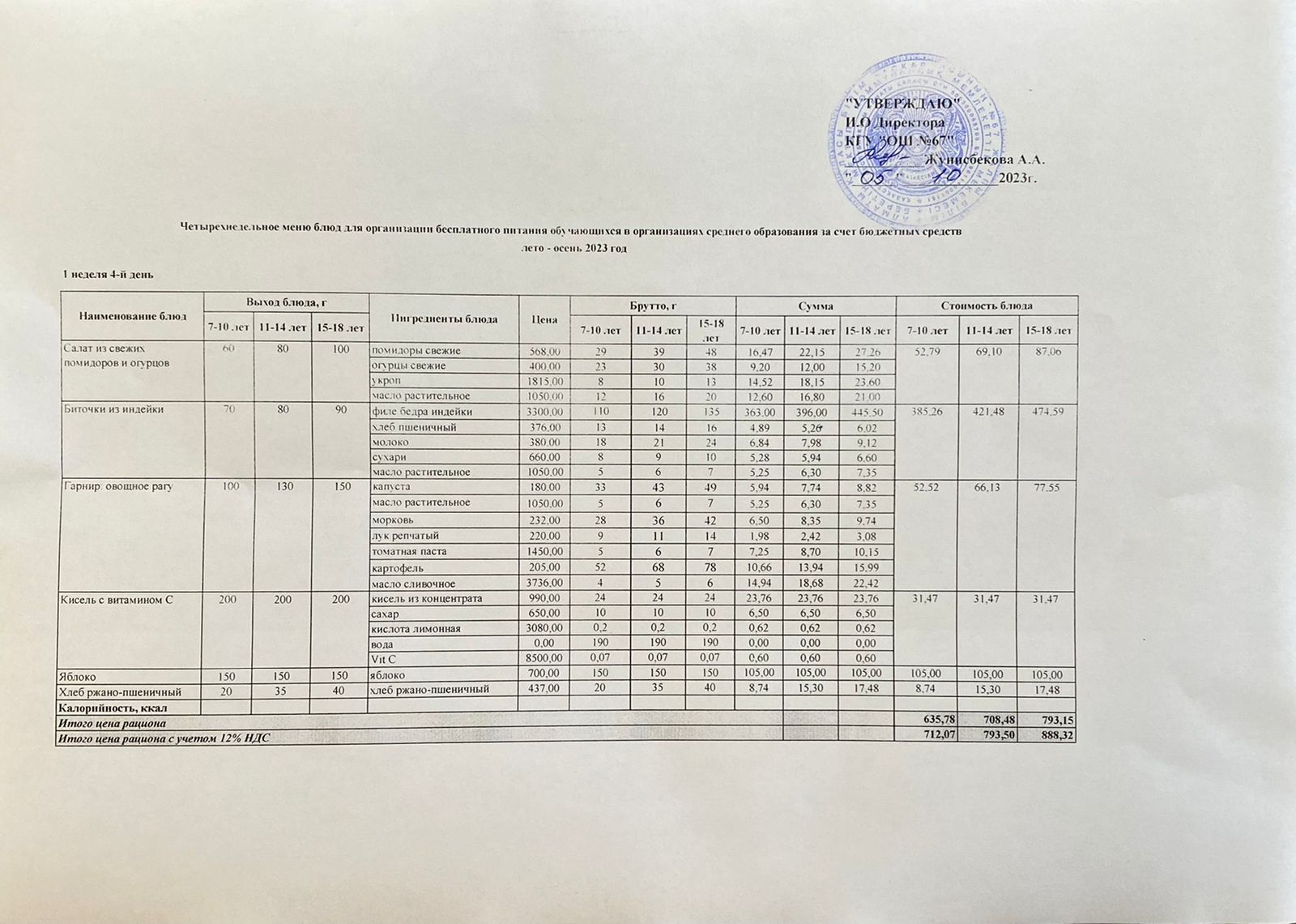 Ас мәзірі. 05.10.2023. 1-апта, 4-күн.