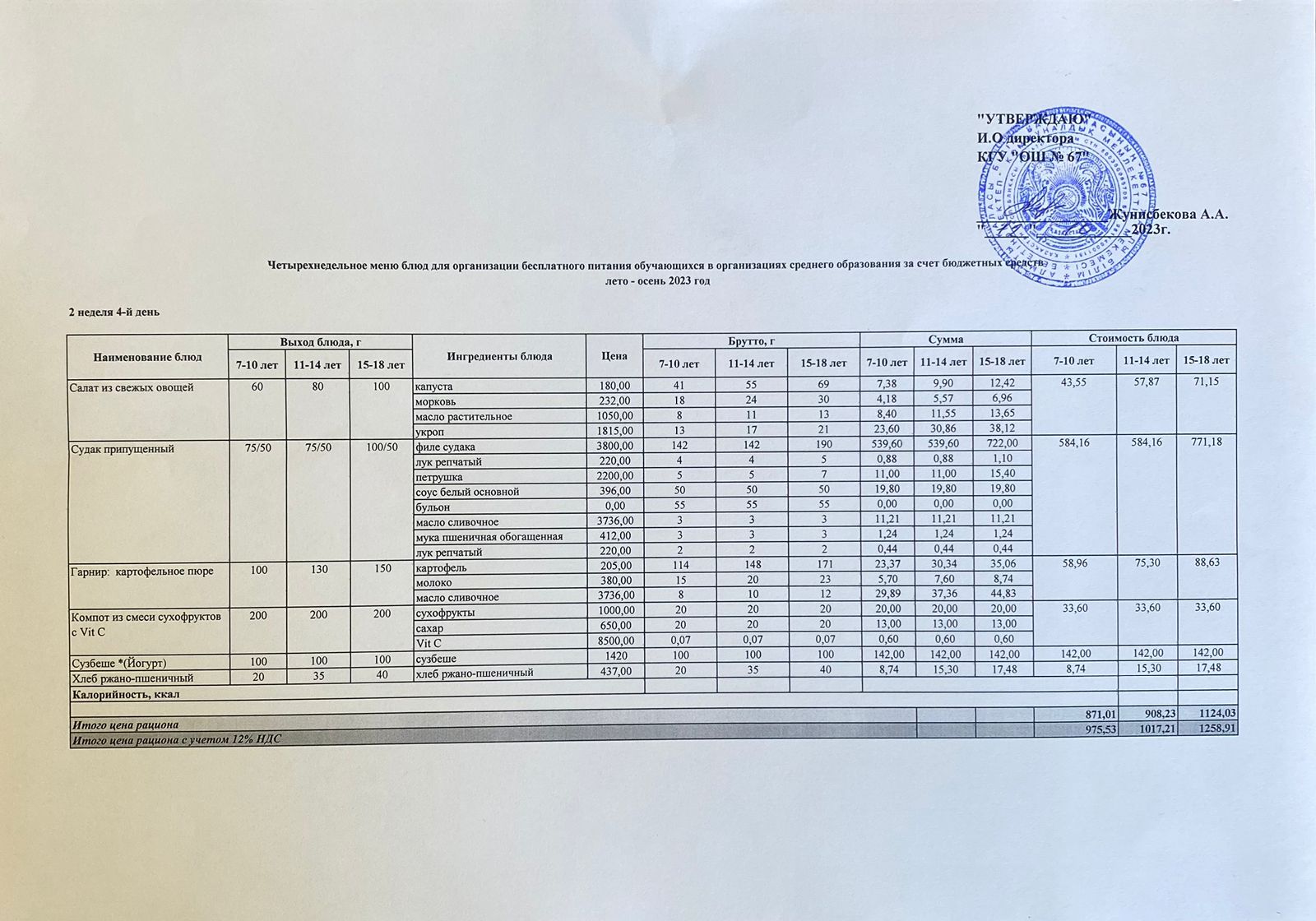 Ас мәзірі. 12.10.2023 ж. 2-апта, 4-күн.