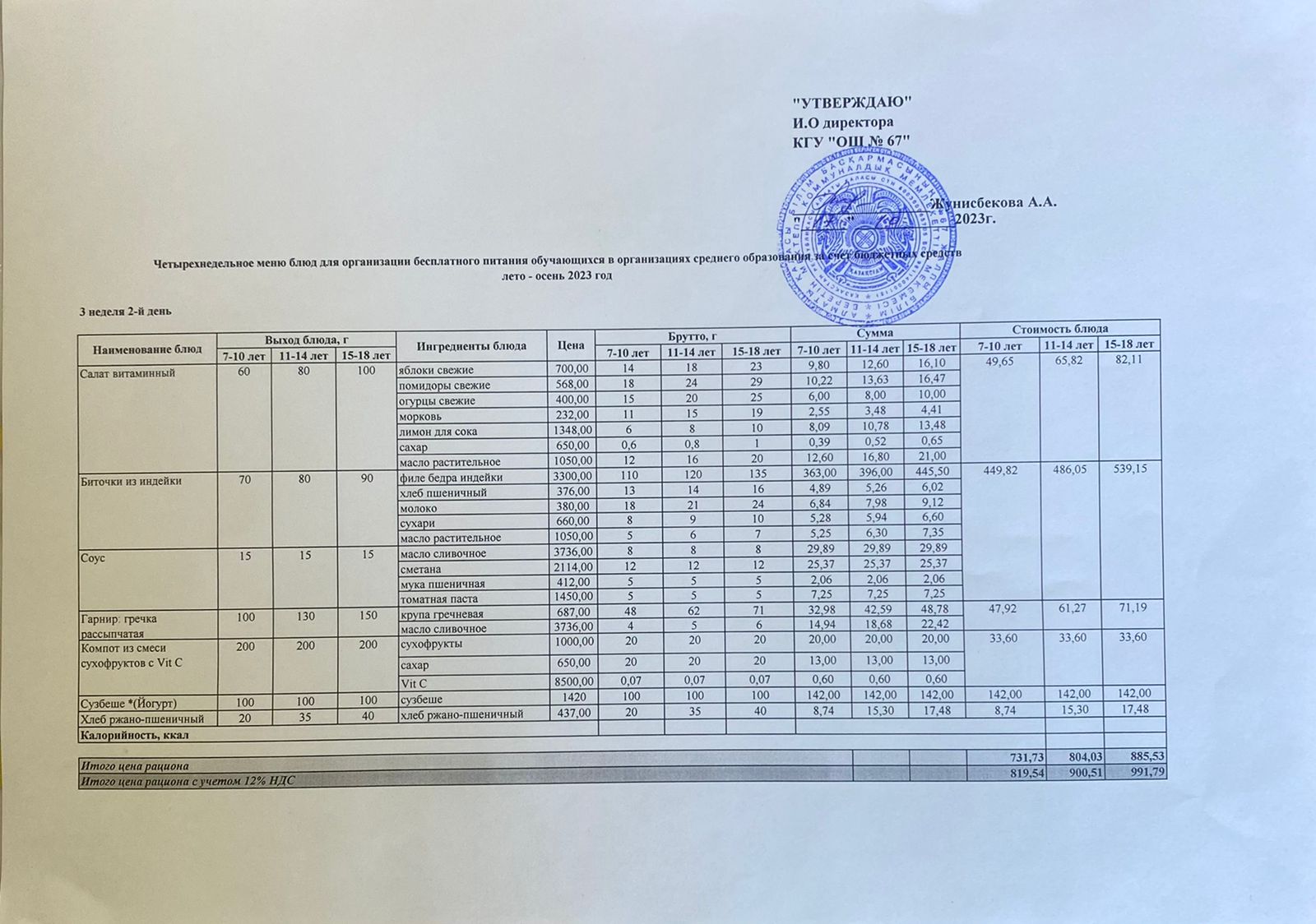 Ас мәзірі. 17.10.2023 ж. 3-апта, 2-күн.