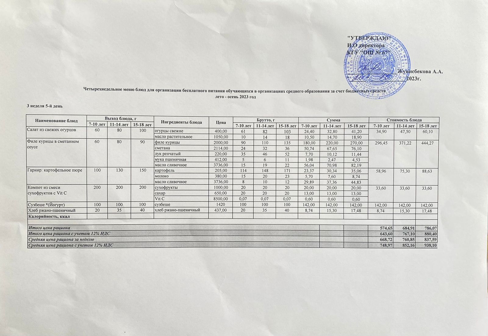 Ас мәзірі. 20.10.2023 ж. 3-апта, 5-күн