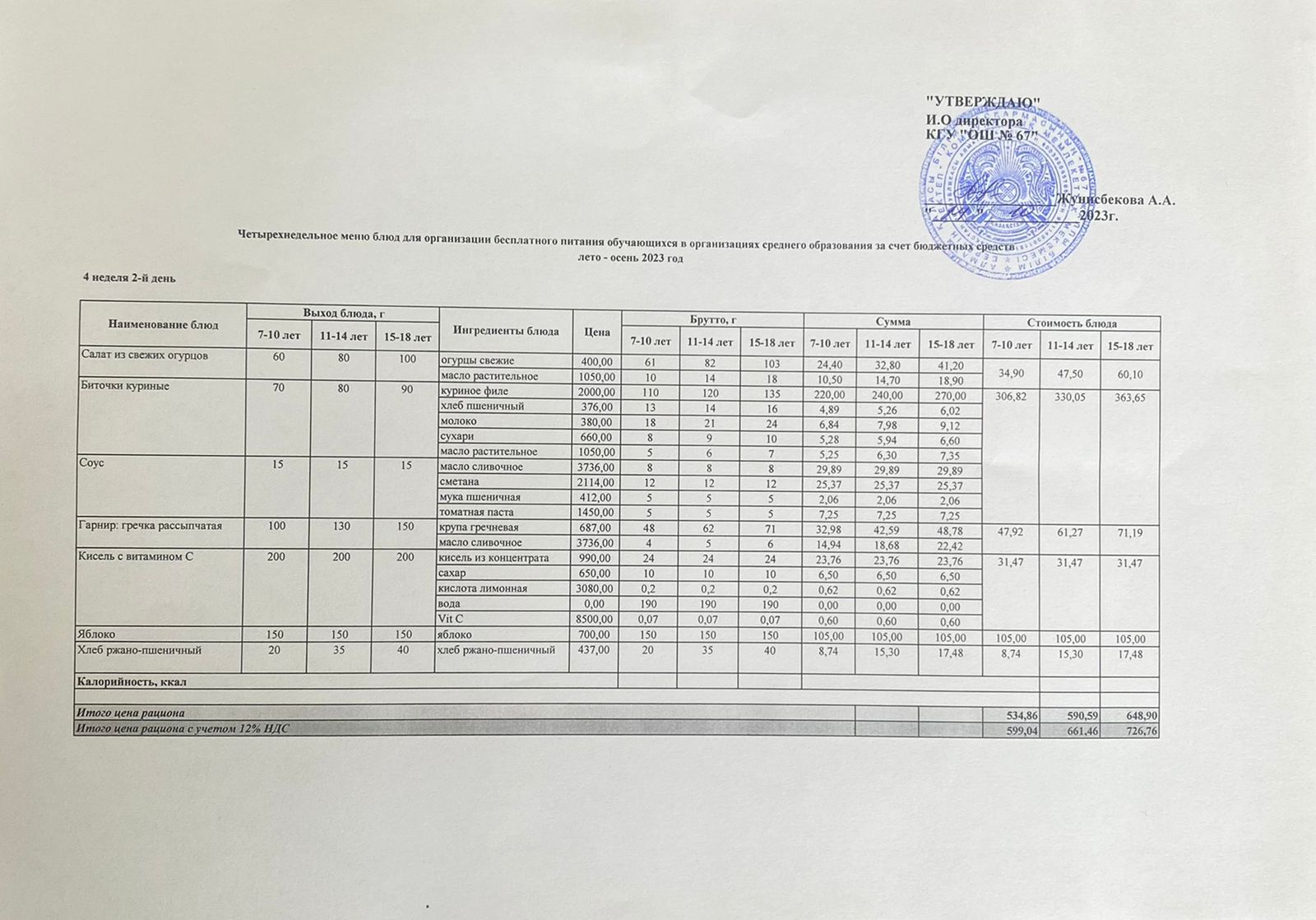 Ас мәзірі. 24.10.2023 ж. 4-апта, 2-күн.