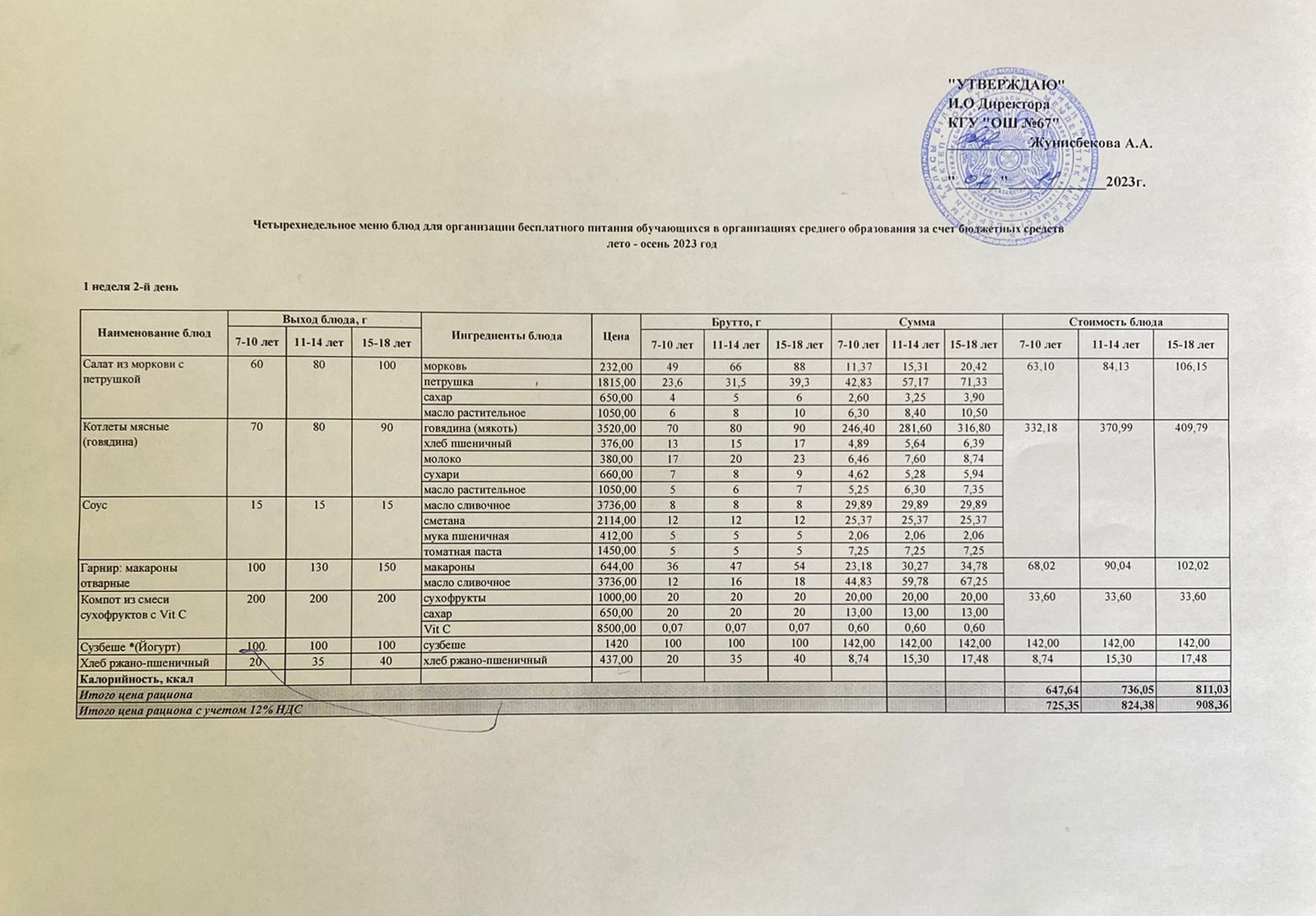 Ас мәзірі. 07.11.2023ж.1-апта, 2-күн