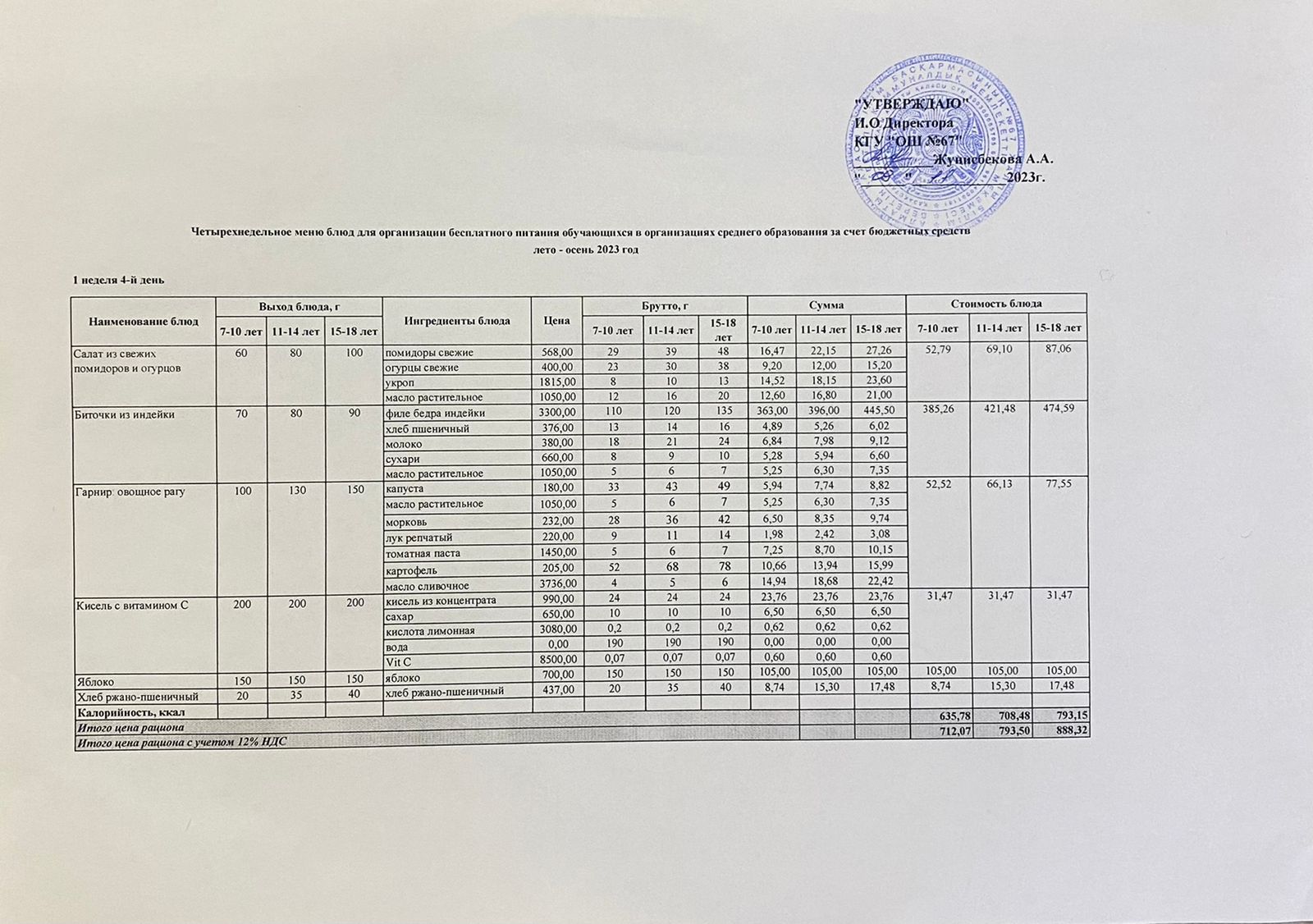 Ас мәзірі. 09.11.2023ж. 1-апта, 4-күн.