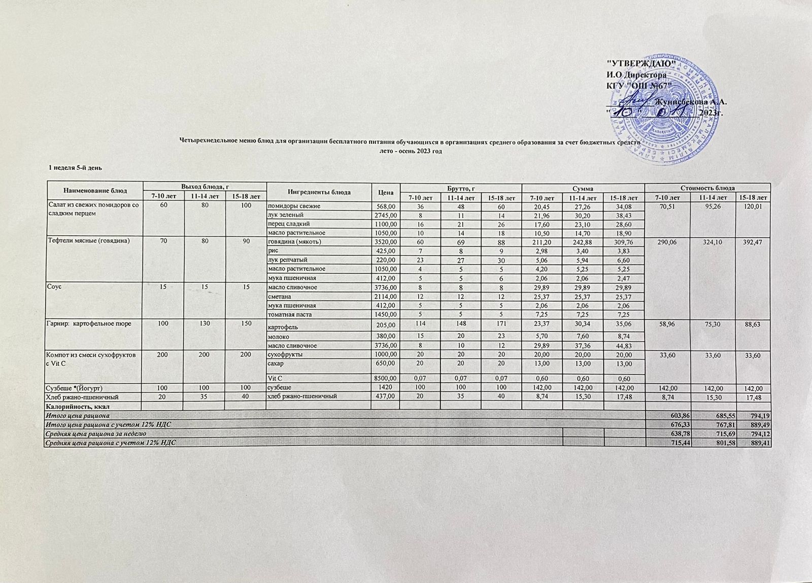 Ас мәзірі.10.11.2023 ж. 1-апта, 5-күн.