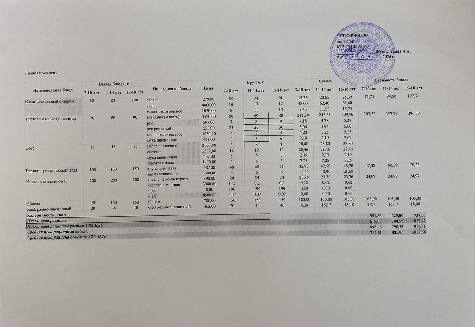Ас мәзірі 10.05.2024ж. 2-апта, 5-күн.