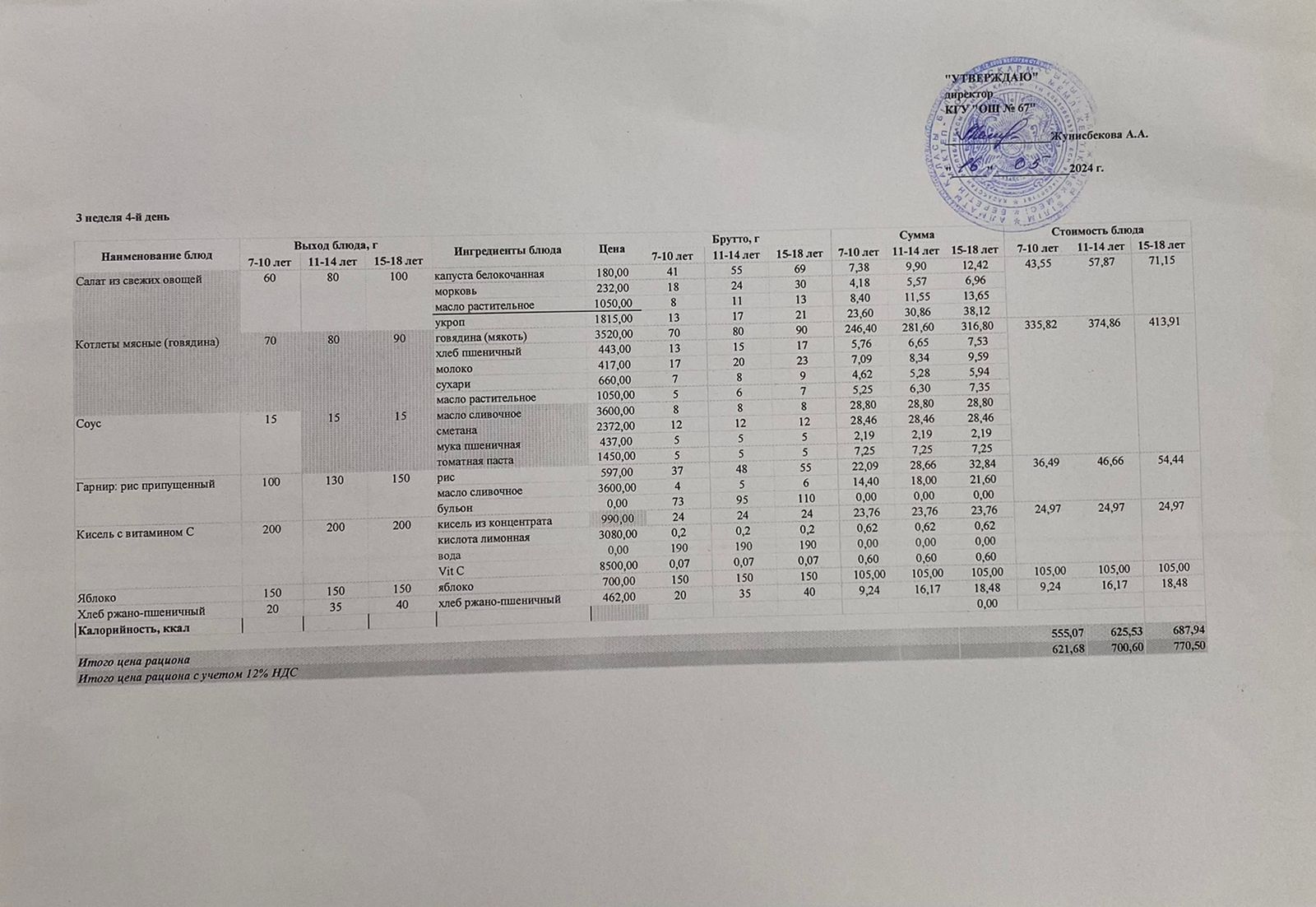 Ас мәзірі. 17.05.2024ж. 3-апта, 4-күн.