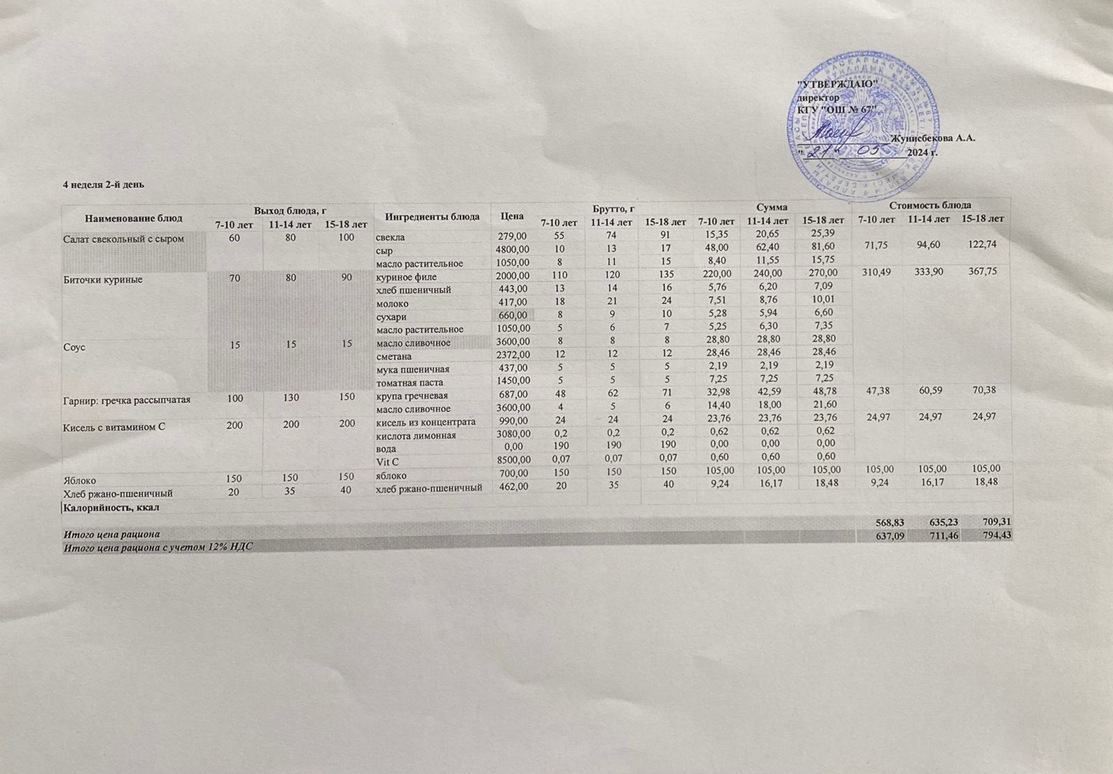 Ас мәзірі 21.05.2024ж. 4-апта, 2-күн.