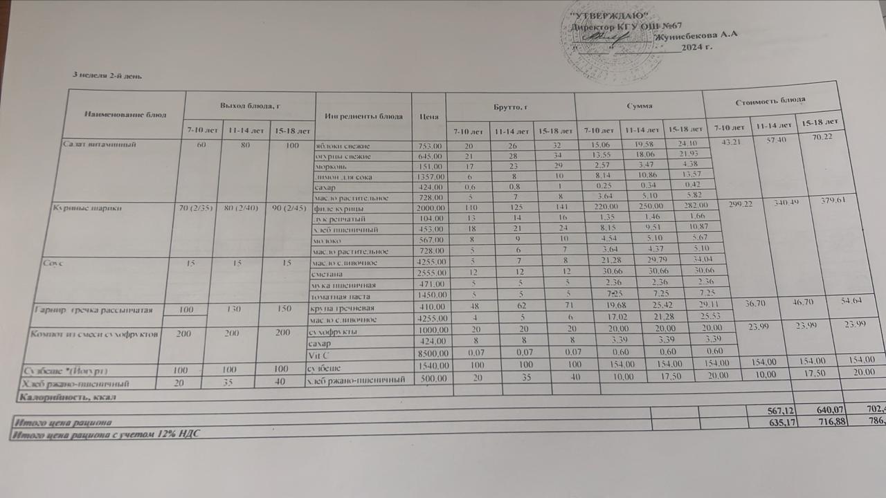 Ас мәзірі  3 апта 2 күн